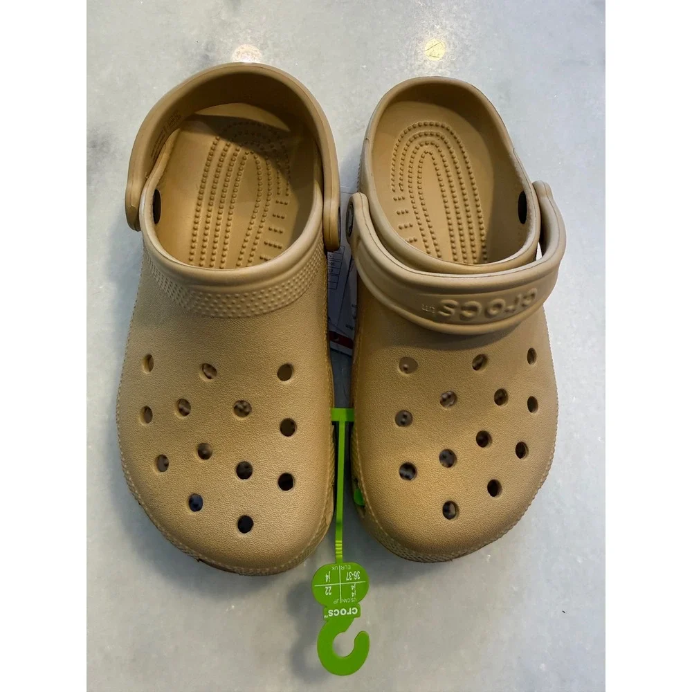 Crocs Classic Clog Kids Size J4 Tan Khaki Slip On Water Friendly Comfort Shoes